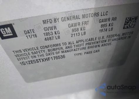 2017 Chevrolet Malibu 1Lt z USA, uszkodzony, nr VIN 1G1ZE5STXHF176536